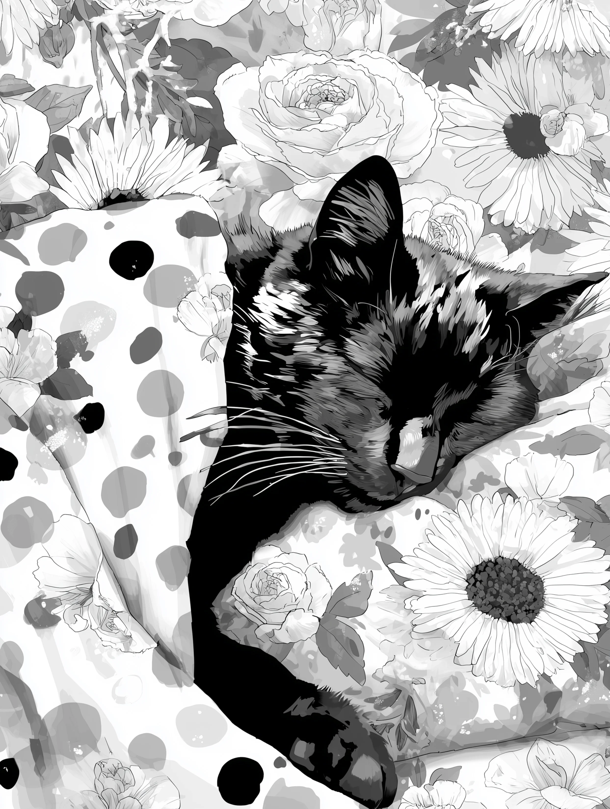 Free printable black cat coloring page for adults featuring black cat sleeping on daisy print pillow